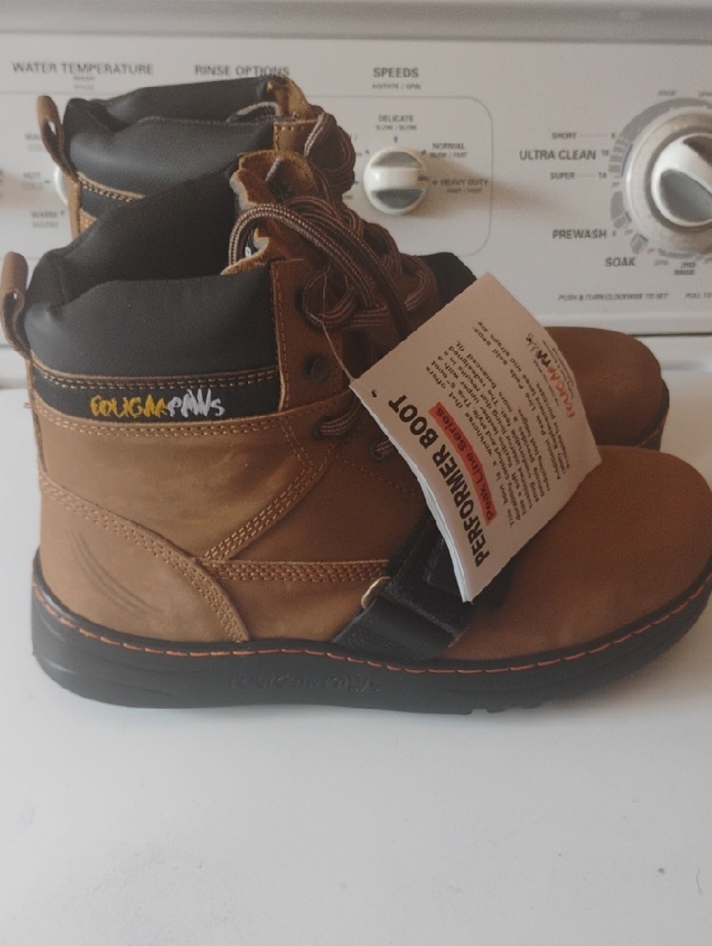 Wolverine Tan and Black Work Boots with Orange Stitching